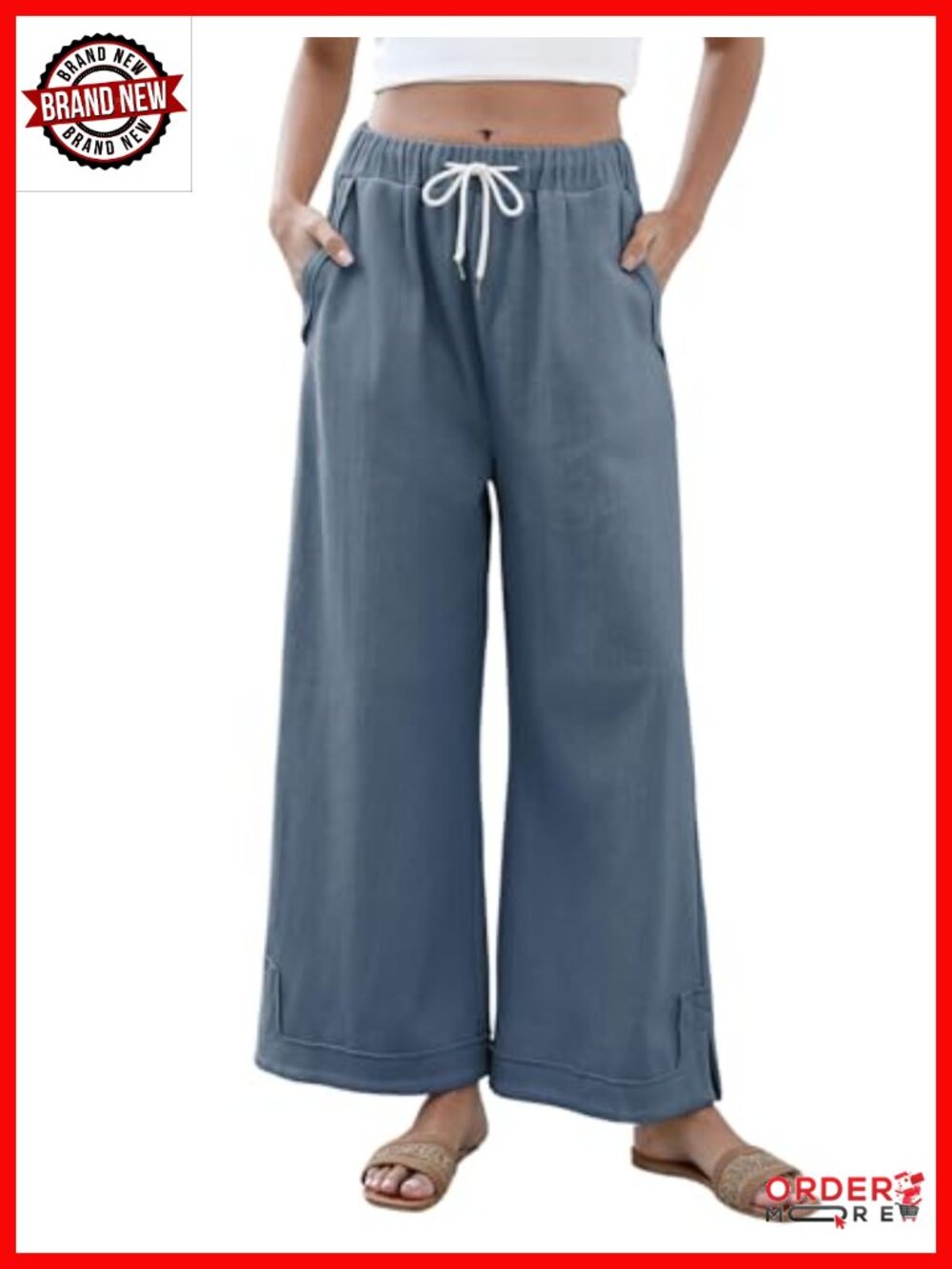 Wide Leg Palazzo Pants Cotton Polyester Drawstring Lounge Trousers Pockets